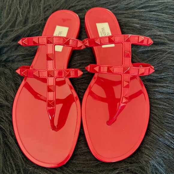 Valentino Garavani Red Rockstud Jelly Cage Thong Flip‑Flop Sandals EU 37  US 6–7 - Picture 1 of 10